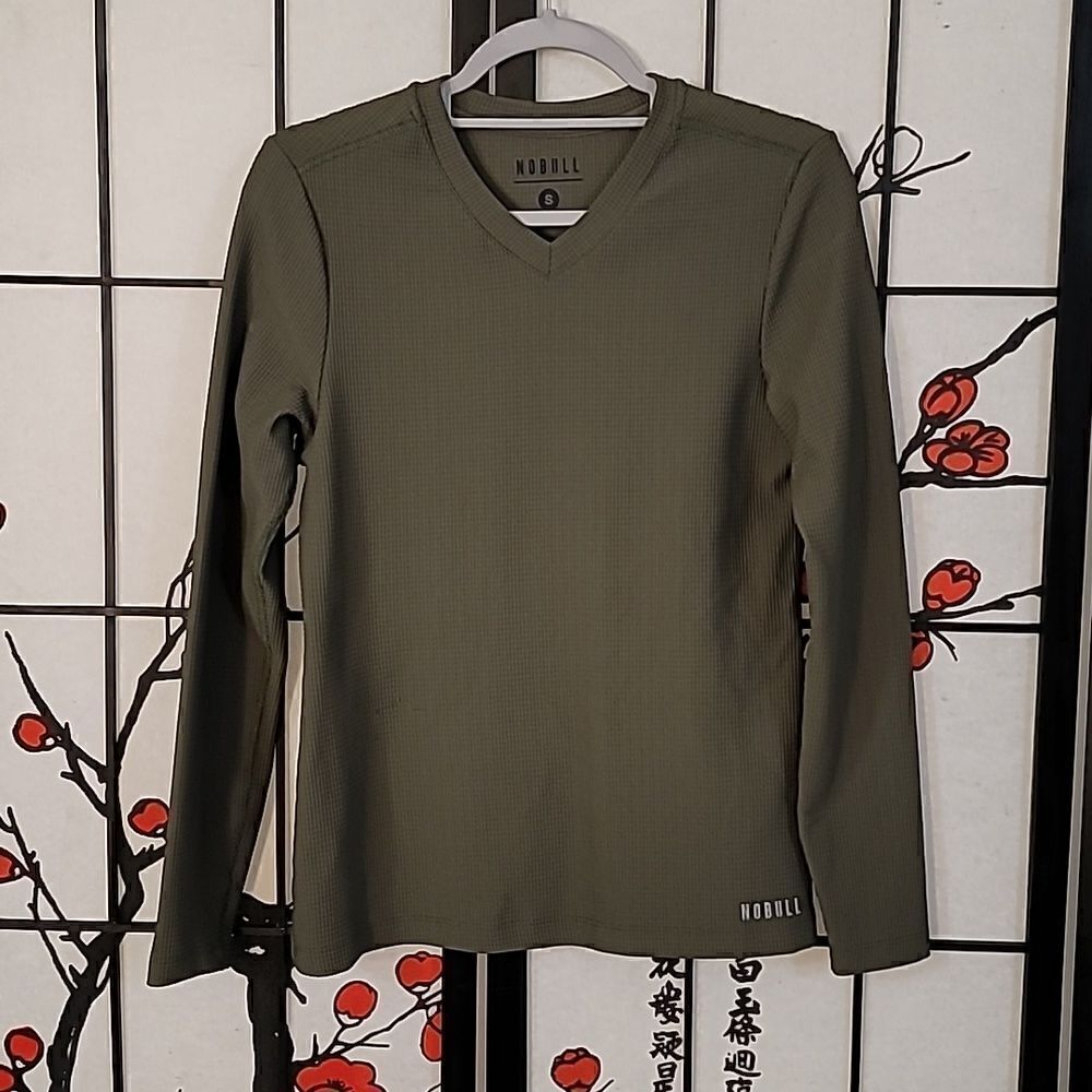 NOBULL Waffle Knit Long Sleeve Olive Army Green Small V Neck